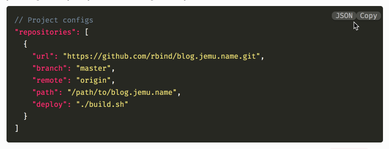 JSON with language indicator and 'Copy' button