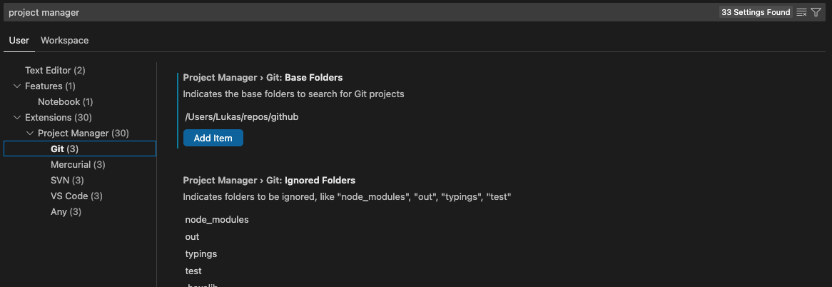 Positron settings screen for the project manager extension showing Git base folders